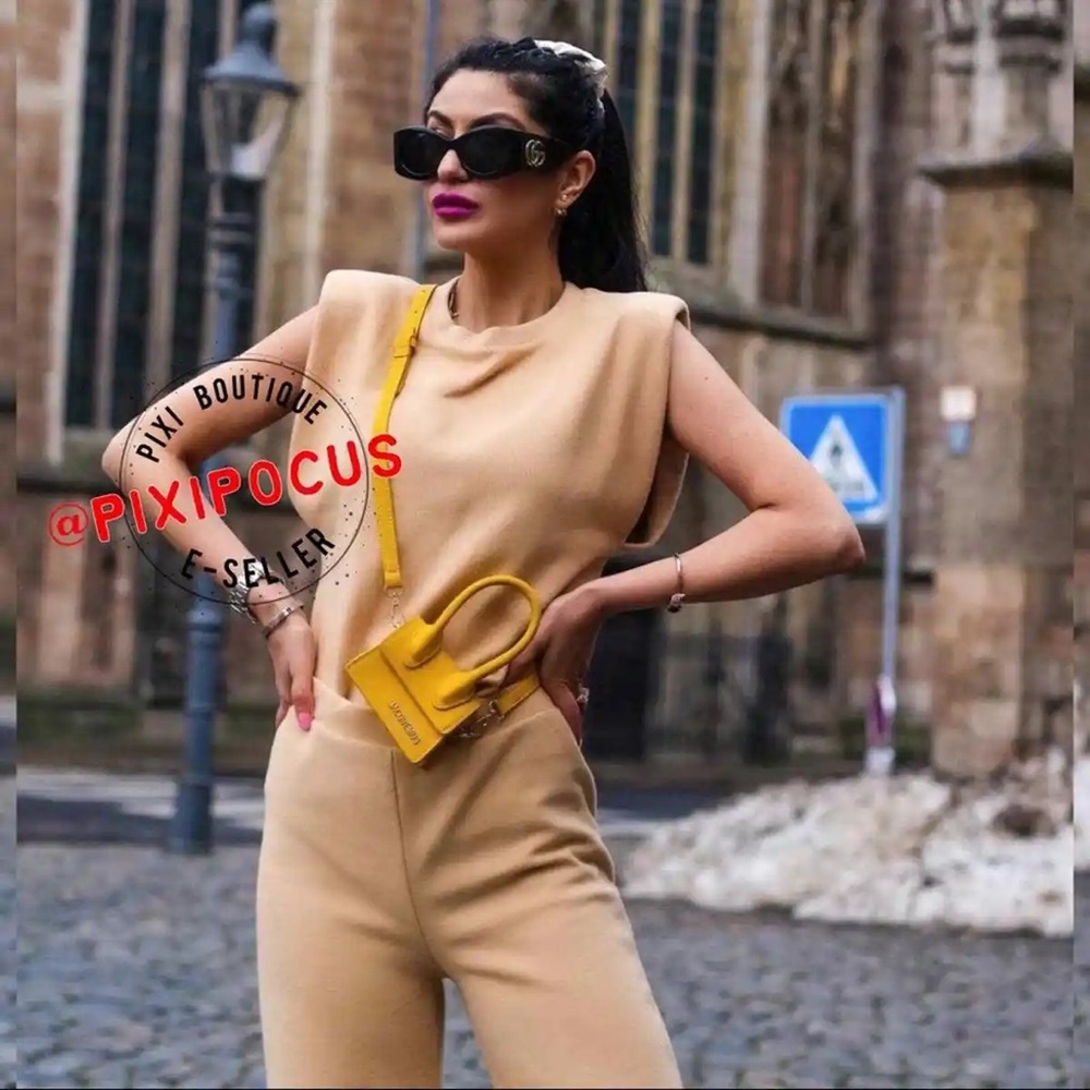 Zara 2 piece set - knit shoulder pad tee & matching pants tan lounge set - Picture 8 of 12